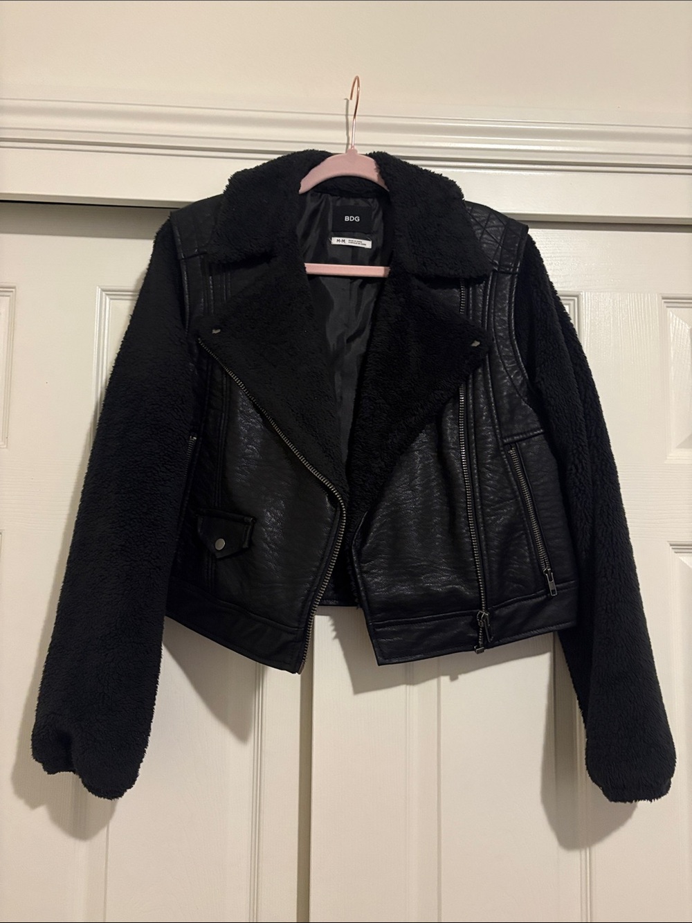 BDG Black Faux Leather Jacket with Sherpa Sleeves
